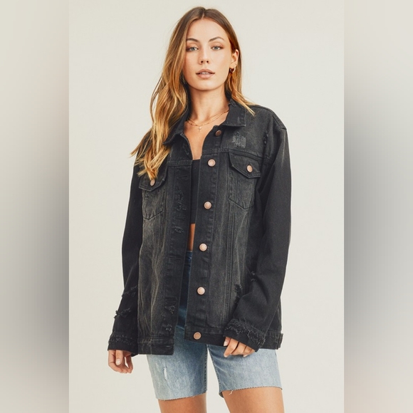 RISEN Distressed Cotton Torn Denim Jean Jacket Long Sleeve Black Button Collar - Picture 14 of 16